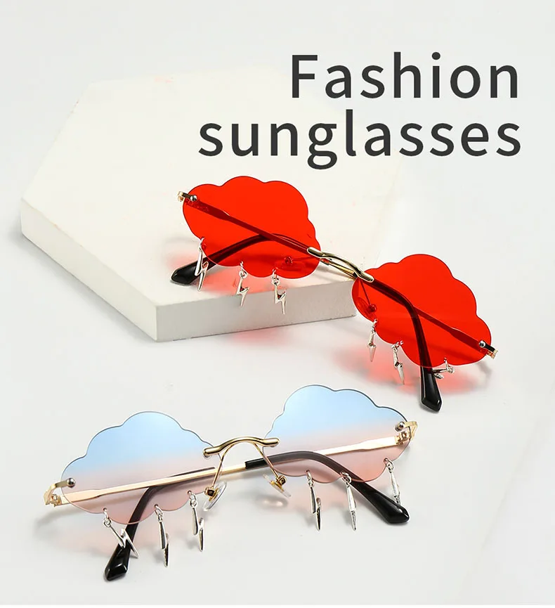 SO&EI Fashion Unique Rimless Cloud Shape Lightning Pendant Women Sunglasses Clear Ocean Lens Eyewear Ladies Trending Sun Glasses oversized sunglasses