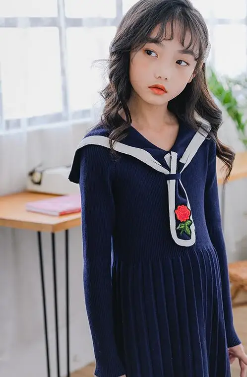 Одежда для девочек 10-12 лет, платья для крупных девочек, вязаное платье-свитер, платье принцессы с вышитыми цветами