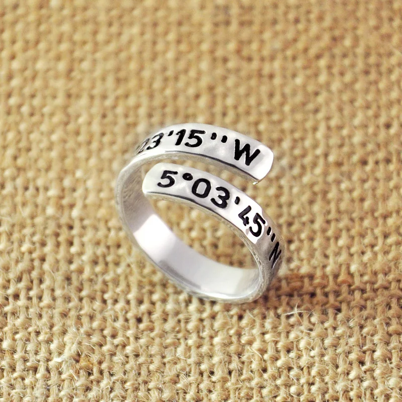 

Personalized Ring Custom Coordinate Engraved Ring Hammered Latitude and longitude Rings Anniversary Gift Birthday Gift