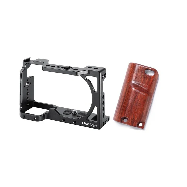 

ABKT-UURIG R009 Aluminum Metal Camera Cage with Wooden Handgrip for Sony A6400 Videomaking Vlogging Photography DSLR Camera Acce