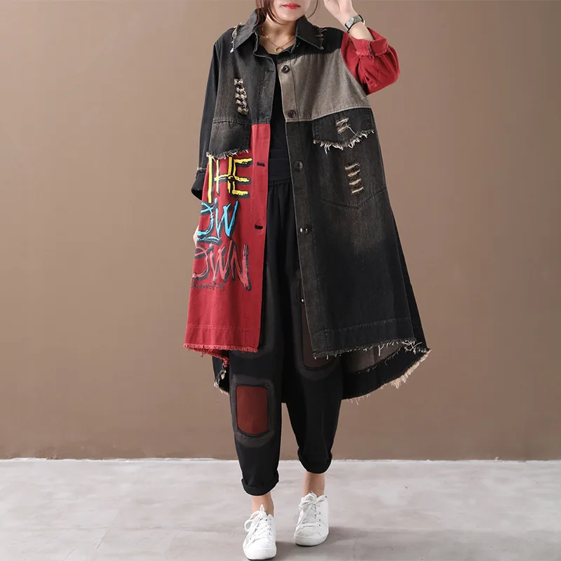 Max LuLu осень Мода корейский стиль Дамская одежда в стиле панк женские джинсовые Отверстия длинные тренчи пальто Винтаж негабаритных ветровка