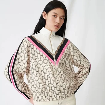 

2020 Spring Summer Personalized Turtleneck High Neck Contrast Color Zipper Print Sports Casual Coat Top for Women