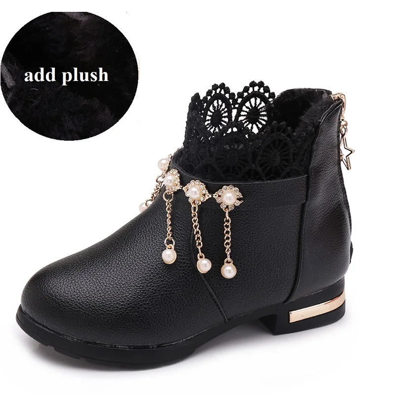 Girls Snow Boots Fashion Winter Autumn Children's Shoes For girls Toddler Kids Warm Princess Mar Boot Baby Girl Shoes - Цвет: black plush