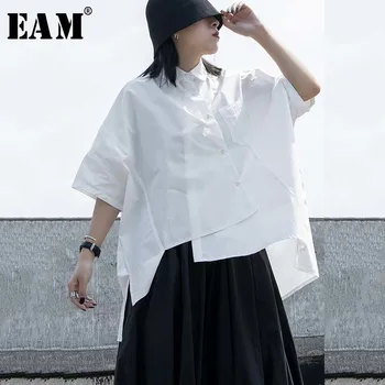 

[EAM] Women White Irregular Back Long Big Size Blouse New Lapel Half Sleeve Loose Fit Shirt Fashion Spring Summer 2020 1W249