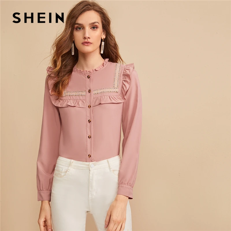 SHEIN розовая вышитая лента панель с рюшами отделка пуговица спереди милая блузка