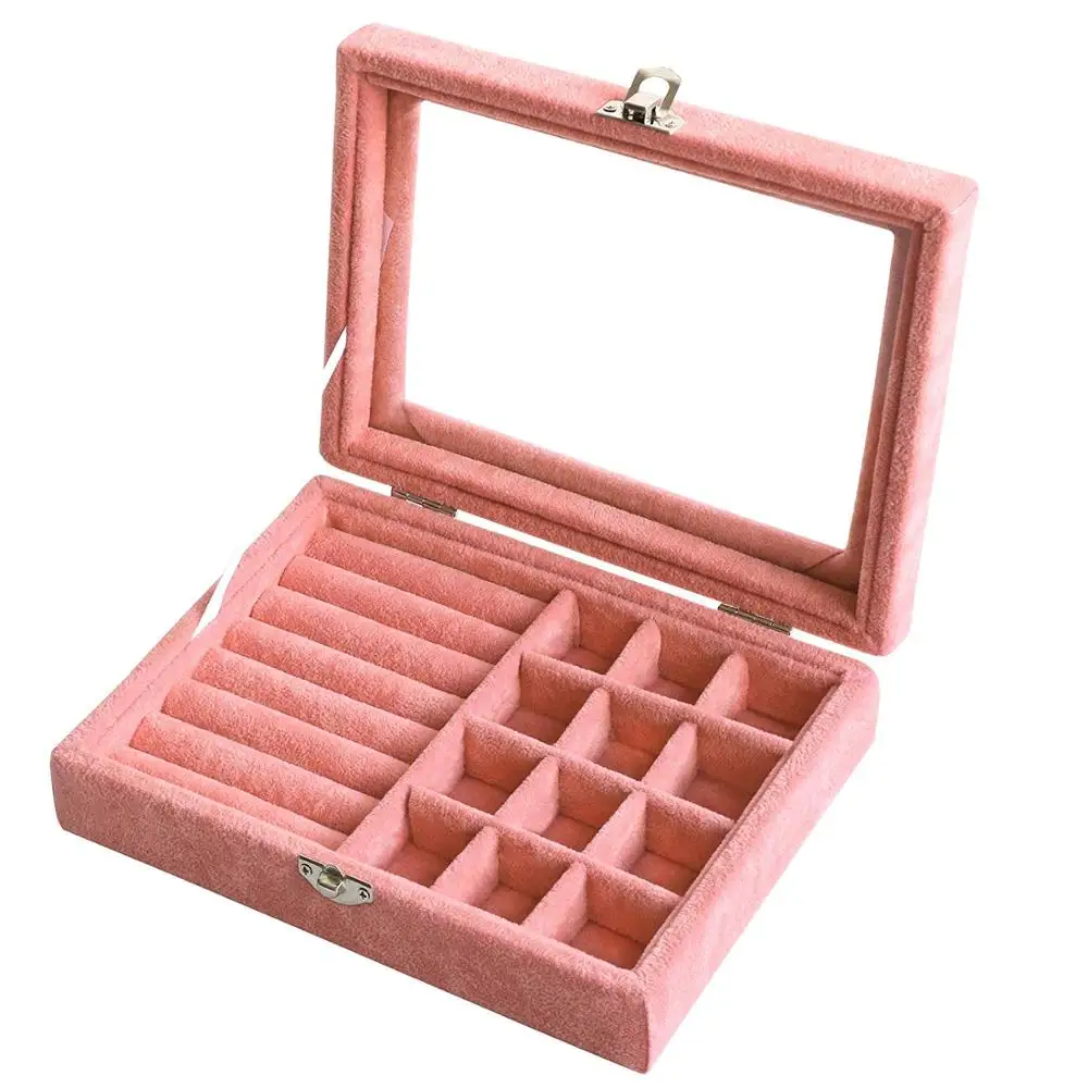 

12Grids & 7Slots Velvet Jewelry Removable Organizer For Women & Girls Holder Earring Ring Necklace&Bracelet Display Storage-Pink