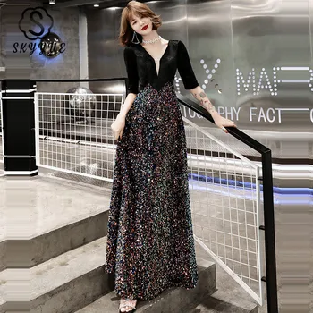 

Skyyue A-Line Evening Gown V-Neck Patchwork Half Sleeve Floor Length Dress Sequined Zipper Plus Size Evening Dress 2020 K324