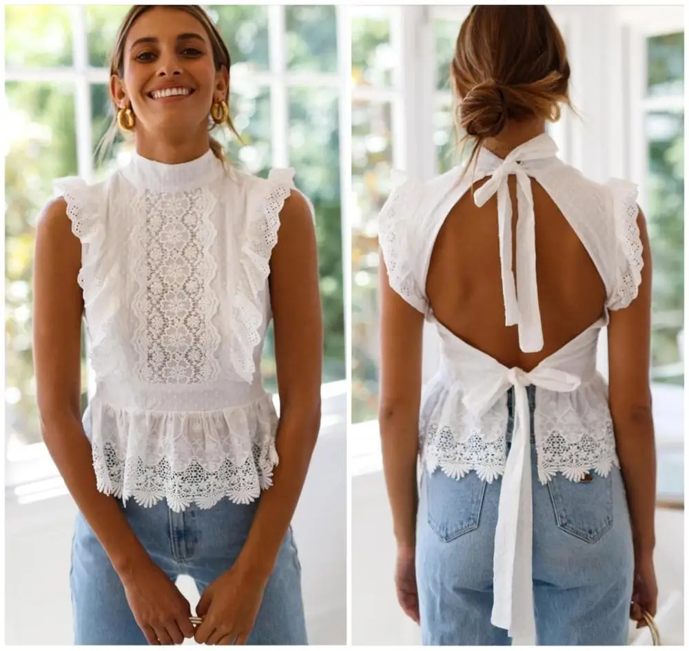 

Women's T-shirts Top Lace Sexy Unique Spring And Summer Tops Sleeveless Tie Halter Round Neck Fashion Stitching Advanced Clothes