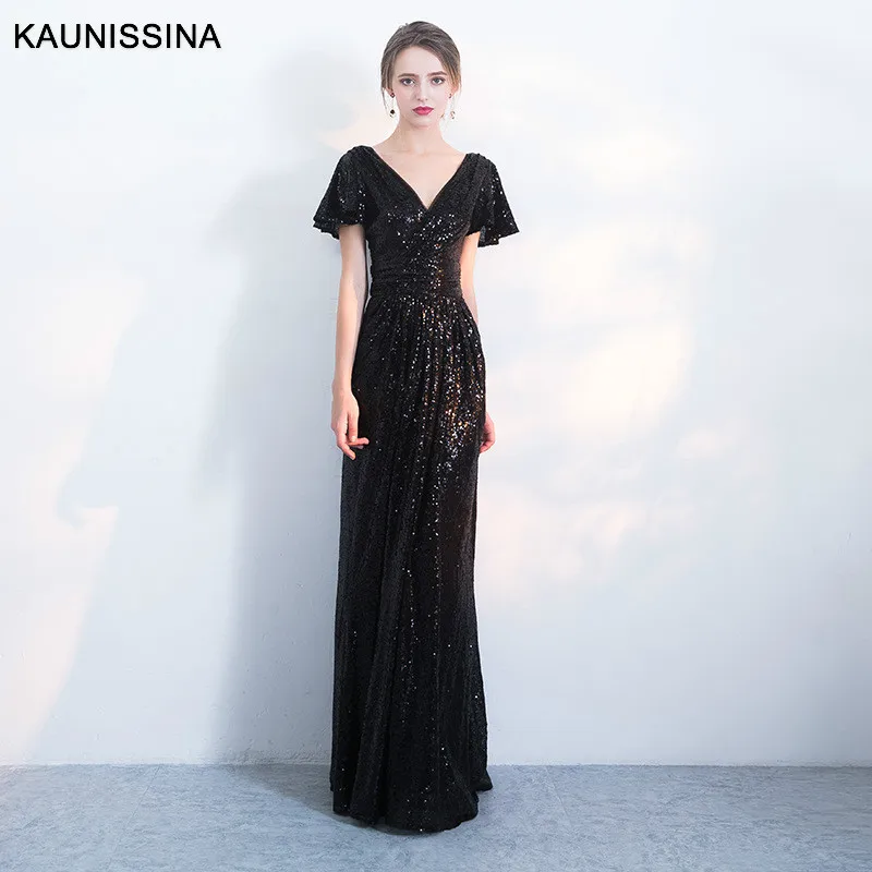 

KAUNISSINA High Quality Sequins Evening Dress Sexy Deep V-neck Backless Long Prom Gown sequined Party Formal women Party Dresses