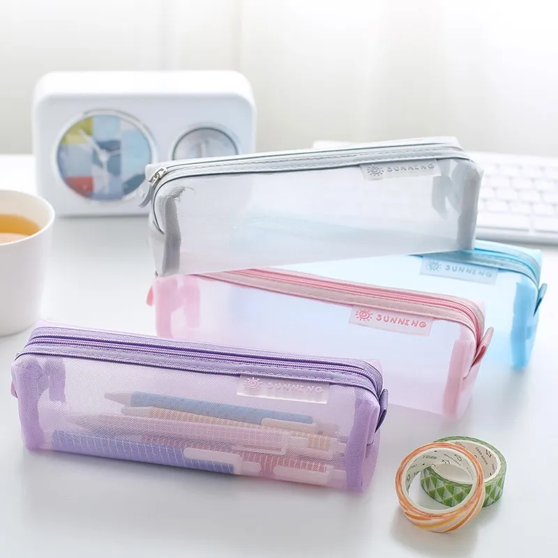 

School Mesh Pencil Cases Kawaii Cute Solid Color Transparent Pencil box School Student pen bag Supplies Lapis Stationery
