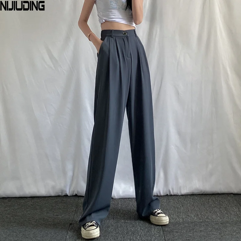

NIJIUDING Summer High Waist Female Suit Pants 2020 Streetwear Ladies Loose Trousers Casual Thin Women Floor-length Wide Leg Pant