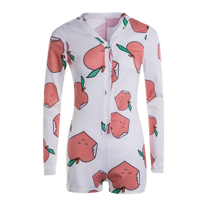 Sexy Women Bodysuit Long Sleeve Deep V Neck Bodycon Stretch Leotard Peachy Printed Button Short Romper Sleepwear Women Jumpsuit