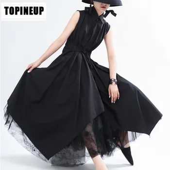 

Summer Loose Lapel Elegant Over-the-Knee Irregular Sleeveless Dress New Fashion Solid Color Dresses Korea Cool Street Style