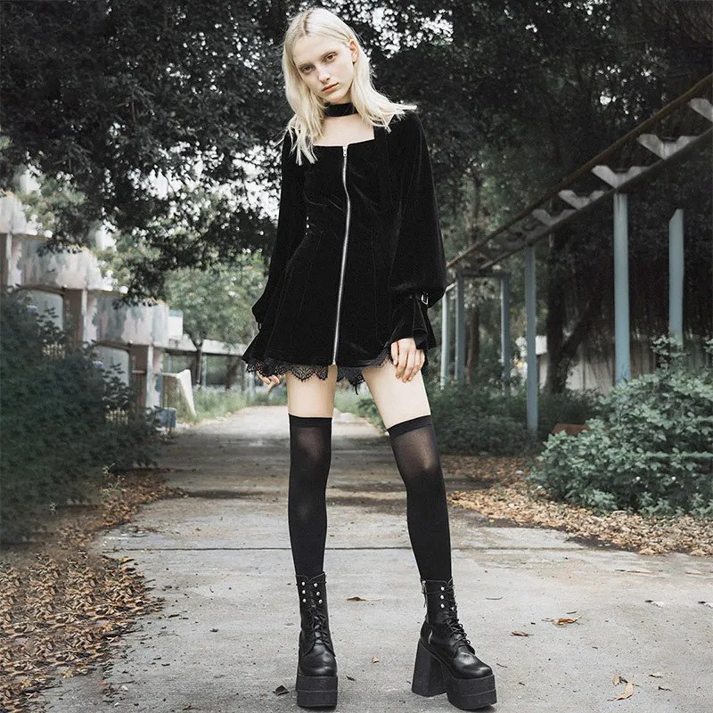 

PUNK RAVE New Autume Girl's Steampunk Retro Velvet Dress Fashion Gothic Daily Slim Fit Funeral Dress