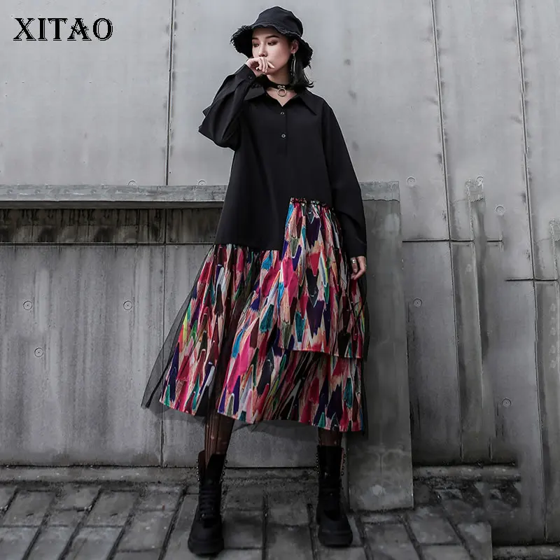 XITAO элегантный печати платье средней длины в стиле пэчворк нерегулярные с отложным воротником, длинными рукавами и свободные Повседневное плюс Размеры платье Для женщин WQR1929