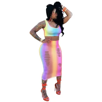 

2019 New Rainbow Gradient Color Outfits Print Two Piece Set Casual Plus Size Women Crop Top Pencil Midi Skirt Sexy Suit