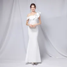 

Elegant White Ruffled Long Wedding Evening Party Dresses For Women Sexy Off Shoulder Prom Gowns Solid Black Banquet Night Dress