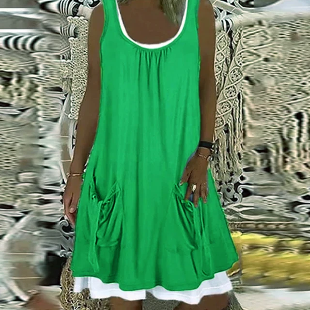 Summer Patchwork Short Dress Women 2021 Casual O Neck Pocket Party Dress Ladies Sleeveless Loose Beach Dresses Plus Size 10