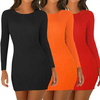 

Women Autumn Long Sleeve Scoop Neck Stretch Solid Bodycon Pencil Midi Tank Hip Dress