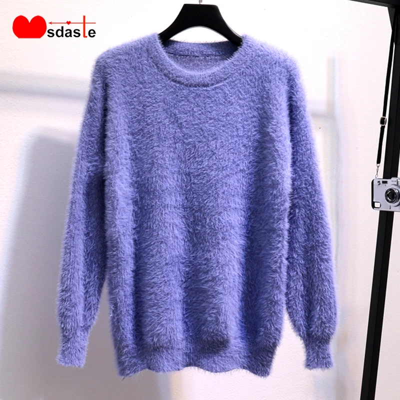 

Mohair Sweaters Women 2019 Winter Soft Knitted Tops O-neck Casual Loose Knitwear Candy Color Female Warm Soft Woman Pullovers