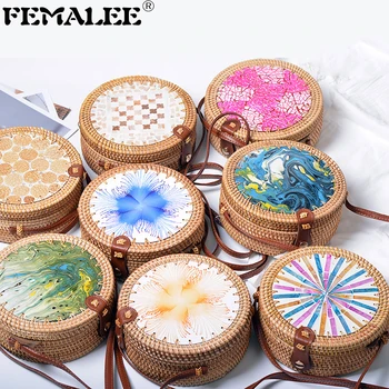 

Vietnam Crossbody Rattan Bag Bali Island Hand Woven Beach Bag Printed Round Straw Shoulder Messenger Bags Circle Rattan Handbags