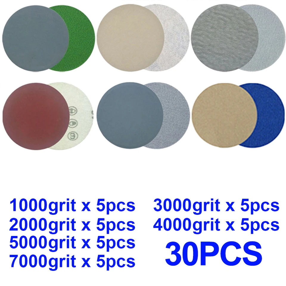 30pcs 3 inch 75mm Round Wet Dry Sandpaper Disc Sand Sheets Grit 1000-7000 Hook