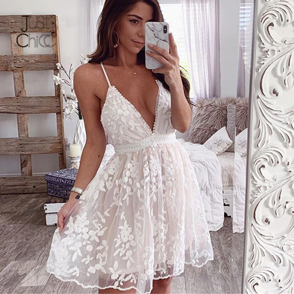Justchicc Mesh White Lace Dress Women Hollow Out Sleeveless V Neck Sexy ...