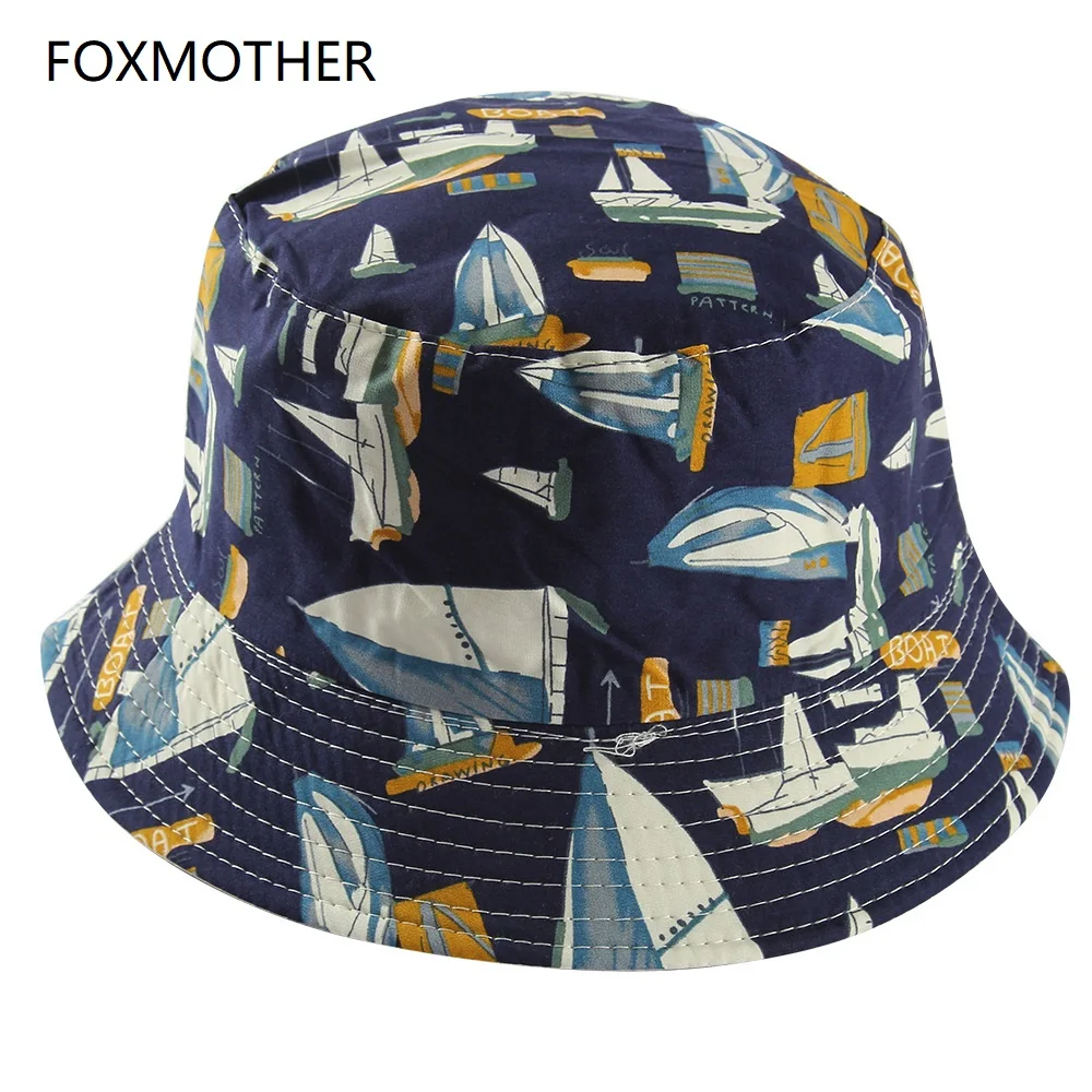 

FOXMOTHER New Fashion Navy White Sailboat Fisherman Caps Reversible Bucket Hats Women Mens