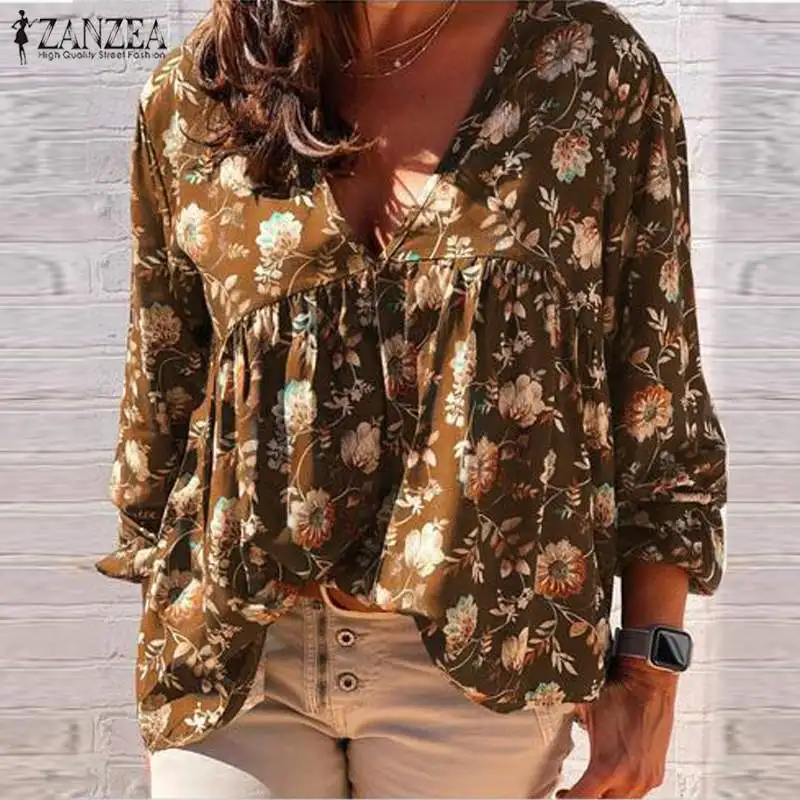 

ZANZEA Blouse Women's Shirt Casual Long Sleeve Tunic Ladies Floral Print Bohemian Blusas Loose Ruffles V Neck Blouses Chemise