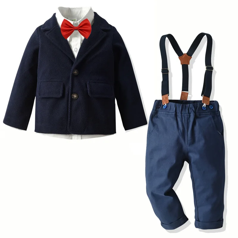

2019 Baby Boys Gentleman Suit Set Infant Formal Wedding Wear Children Clothing Long Sleeve Blouse Coat Tiie Overalls Outfit 4PCS