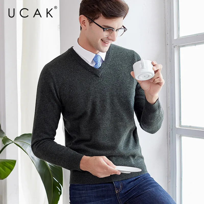 Great Value UCAK Brand Sweaters Men 2019 Autumn Winter V-Neck Solid Pure Merino Wool Casual Pull Homme Sterrtwear Knit Warm Sweater U3122