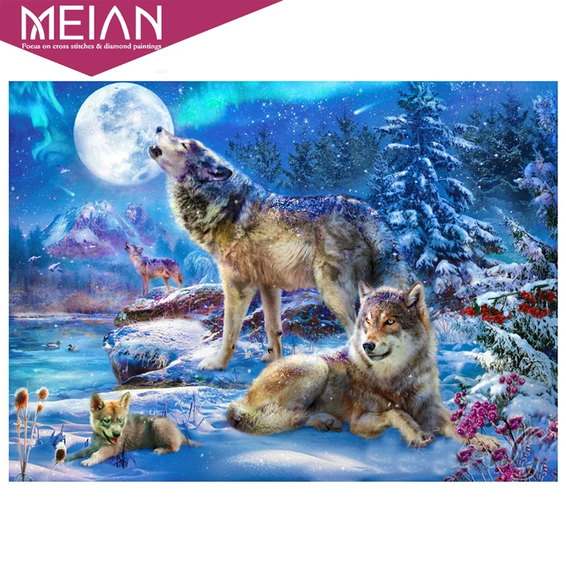 MEIAN moon &amp wolf 5d diy Алмазная картина полностью круглая дрель декорация вышивка