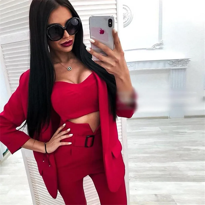 Taotrees Women's Solid Color Blazer Pant Suits Office Lady Jacket and Sling Tops and Trouser Workwear Three Piece Sets