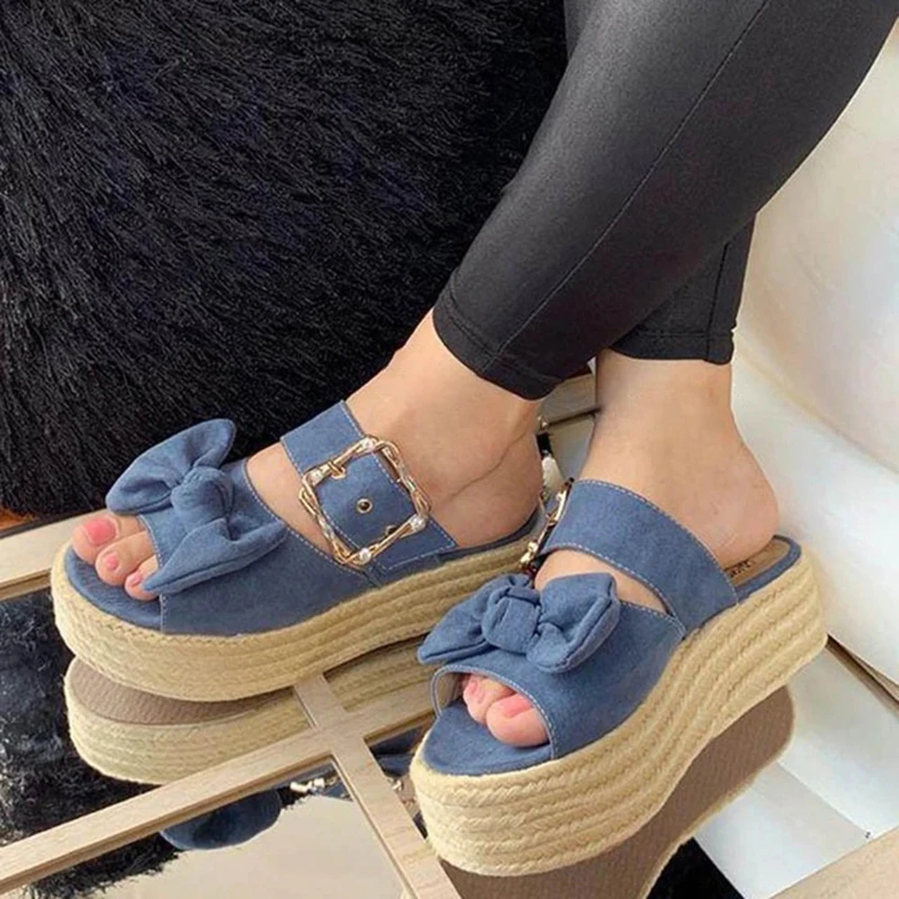 

Oeak Women Peep Toe Casual Bow Knot Cross ThicK Summer Slip-On Solid Flock Sandals Platform thick Bottom High Heel Sandals