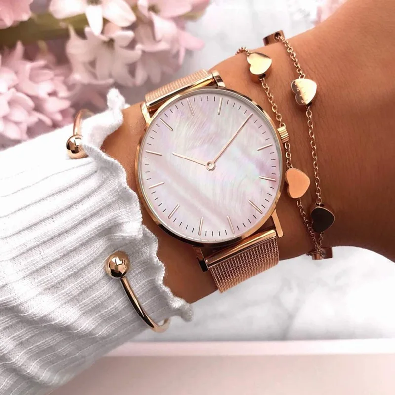 2023 Luxe Merk Rose Gouden Horloge Shell Dial Vrouwen Horloge Dames Armband Quartz Horloge Voor Vrouwen Mesh Klok reloj Mujer