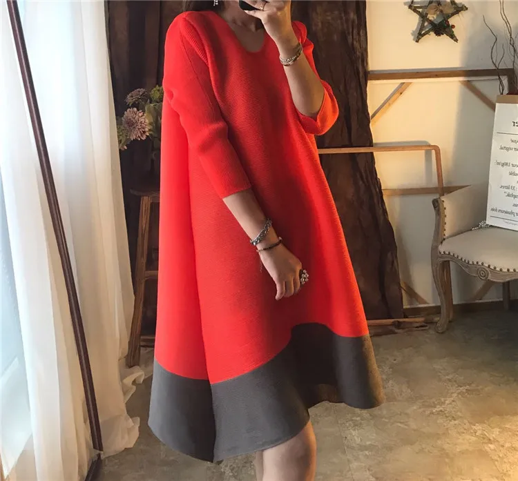 Повседневная складчатая одежда Miyake Fold лоскутное ТРАПЕЦИЕВИДНОЕ свободное платье Новая мода до колена три четверти рукав сплошное винтажное платье