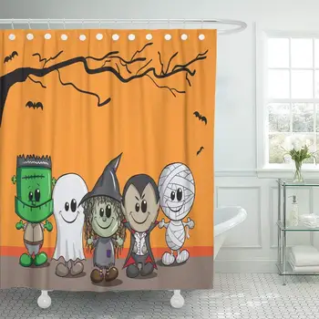

Black Cartoon Cute Halloween Frankenstein Ghost Witch Vampire Mummy Orange Monster Pattern Bathroom Shower Curtain Durable Easy