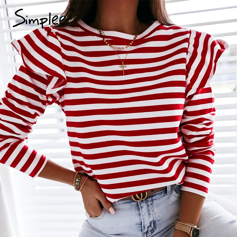 Simplee Causal Long Sleeve Red White Striped Tops For Female Autumn Winter Ruffled Base Shirt 2020 Streetwear O-neck Women Tops
