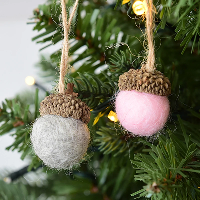 Xmas Tree Ornament Wool Felt Pine Tower Ball Pine Cone Acorn String DIY Material Pendant Christmas Decor Home New Year 6pcs