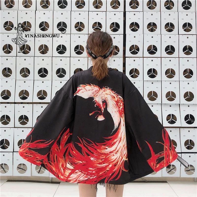 Японское кимоно кардиган юката для женщин с принтом дракона рубашка с длинными рукавами Повседневные кимоно Femme Kawaii азиатское Кимоно костюмы косплей