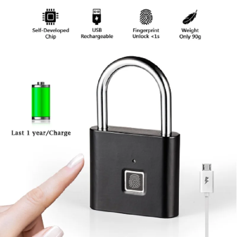 

Security Keyless USB Rechargeable Door Lock Fingerprint Smart Padlock Quick Unlock Zinc alloy Metal Self Developing Chip