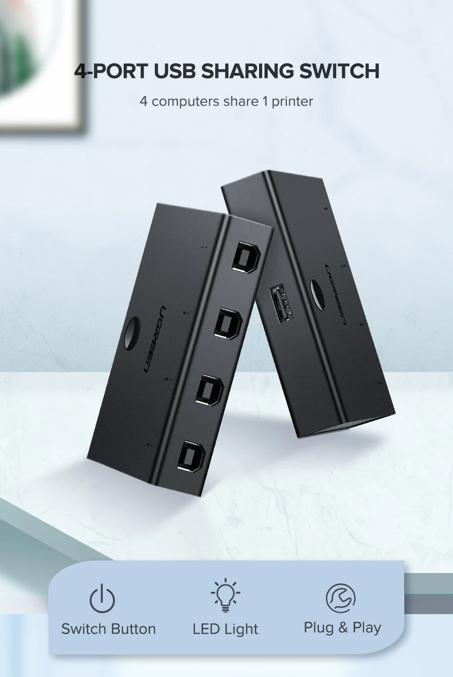 Ugreen KVM переключатель USB распределительный коммутатор 4/2 шт. 1 устройство 4/2 Порт KVM Селектор для клавиатуры принтер монитор USB переключатель