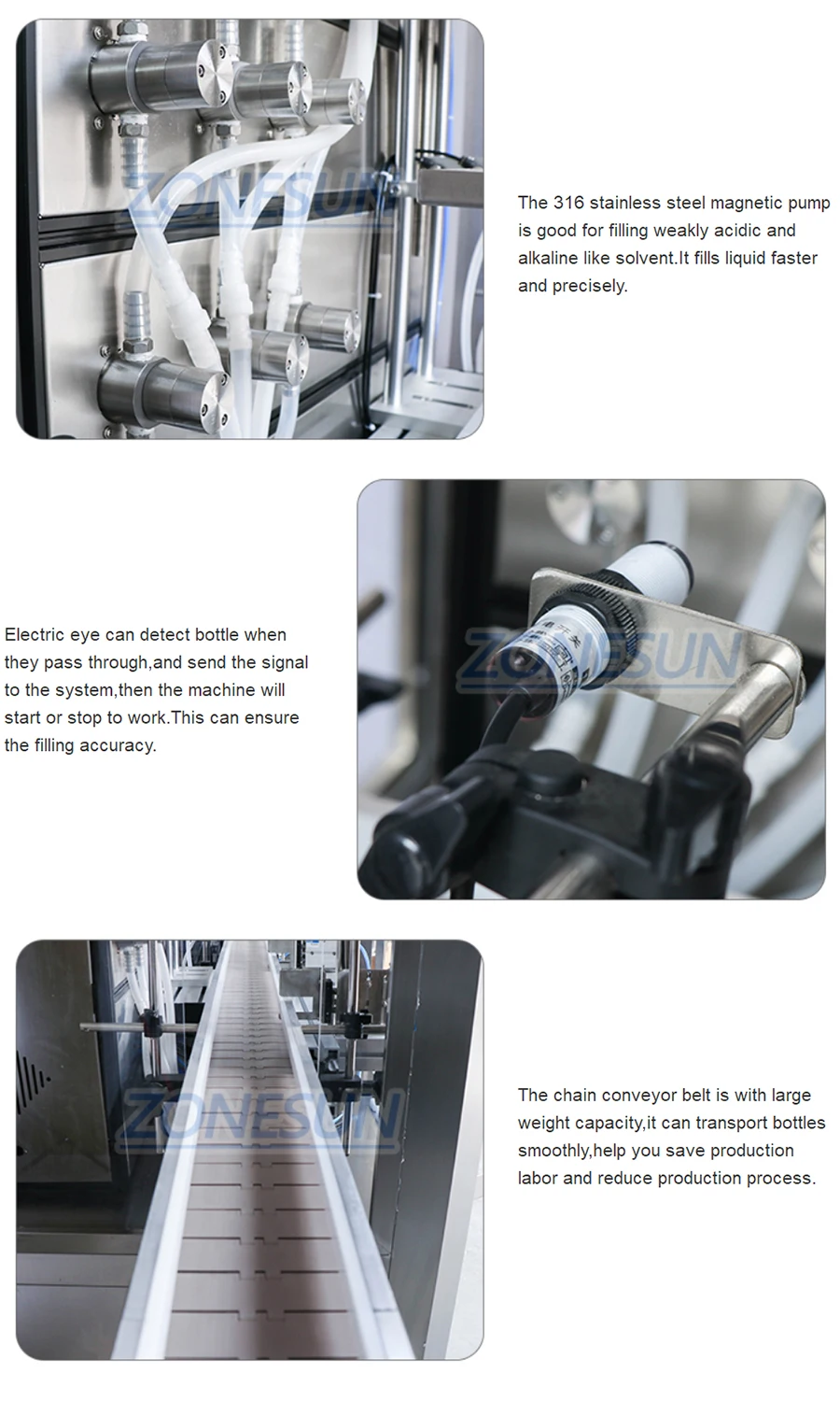 ZONESUN ZS-VTMP80D Custom 6 Heads Magnetic Pump Liquid Filling Machine With Dust Cover