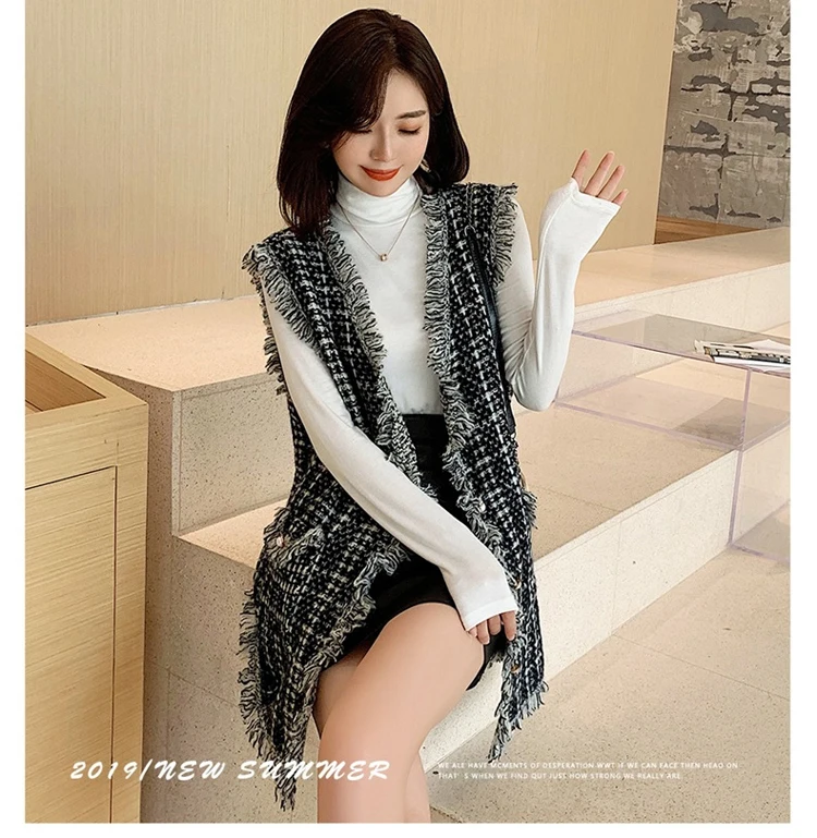 Women New Retro Black Beige Plaid Tweed Vest Houndstooth Waistcoat Pockets Long Sleeveless Tassel Jacket Outerwear Female Tops