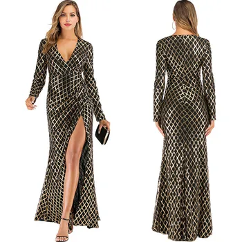 

Long Sleeves V Neck Glitter Evening Gowns with Slit Formal Prom Dress Party