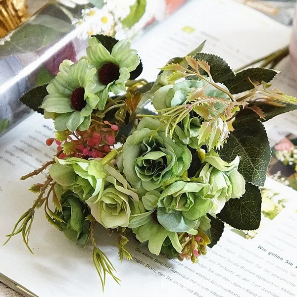 1 букет, красочные искусственные европейские шелковые цветы, ромашки и розы, букет для украшения свадебной вечеринки, украшения для домашних ВАЗ - Цвет: Зеленый