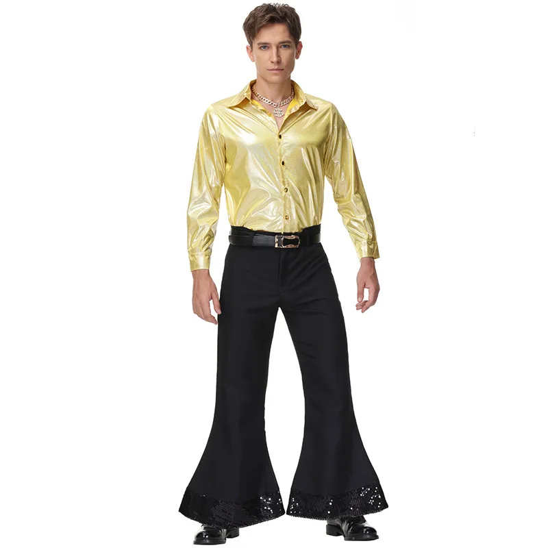 Geyoga 5 Pcs 70s 60s Hippie Costume For Men 70 S Outfit Disco Outfit Pant Shirt Faux Vest Rasta Hat With Dreadlocks(Medium