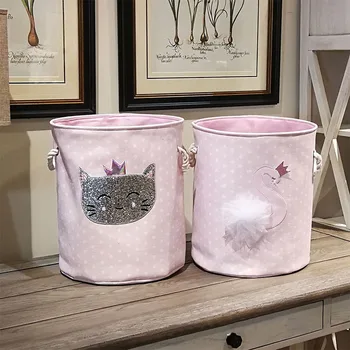 

Canvas High Capacity Foldable Sundries Storage Barrels Toy Storage Box 35*40cm Dirty Laundry Basket Pink Swan Cat Home Organizer