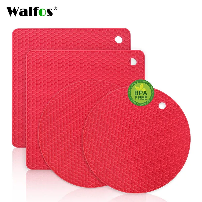 

WALFOS Silicone Pot Holders Heat-Resistant Mats for Hot Pan Tables Countertops Spoon Rest Mat (4 Pack Red)