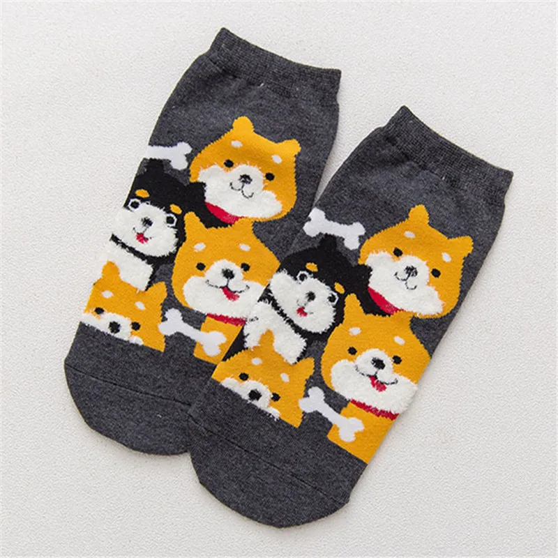 Deep Gray Shiba Милые носки до щиколотки с изображением Сиба и пера; короткие носки для девочек с изображением забавной лисы, собаки, цыпленка, кота, кролика; унисекс; с животными; Прямая поставка - Цвет: Deep Gray Shiba